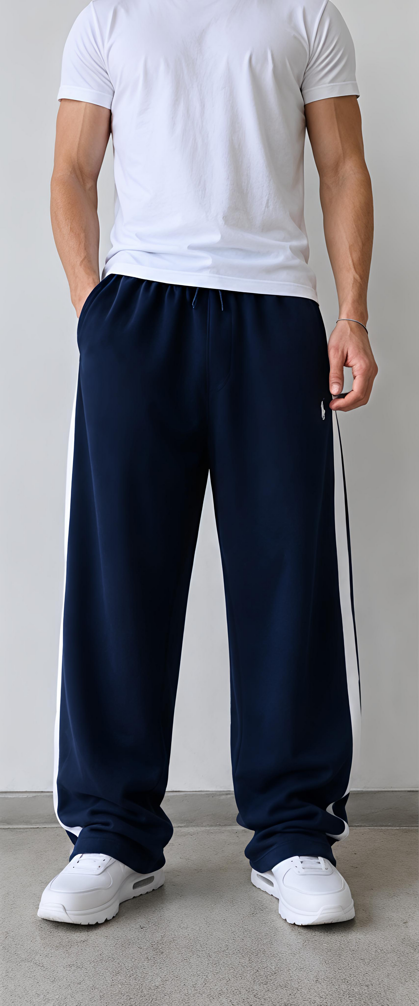 Navy Blue Baggy Joggers with Bold Side Stripe – Premium Relaxed Fit